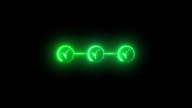 Glowing green check marks in circles with neon line. Glowing green check marks for verified process status. Glowing green check marks animation for approval.