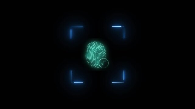 Green fingerprint scan within blue scanner frame. Green fingerprint scan for authorized person login. Green fingerprint scan animation for biometric safety.