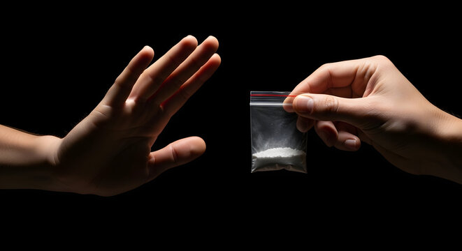 A hand is holding a packet of drug powder, while another hand is refusing to take it, with a dark background.