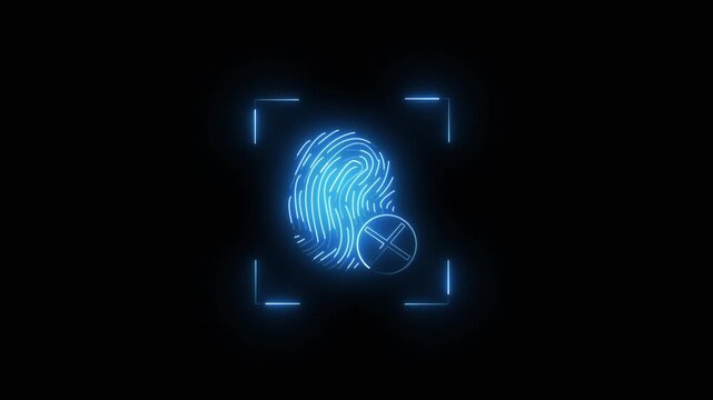 Neon blue fingerprint scan with X mark. Neon blue fingerprint for biometric identity error. Neon blue fingerprint animation for access denied.
