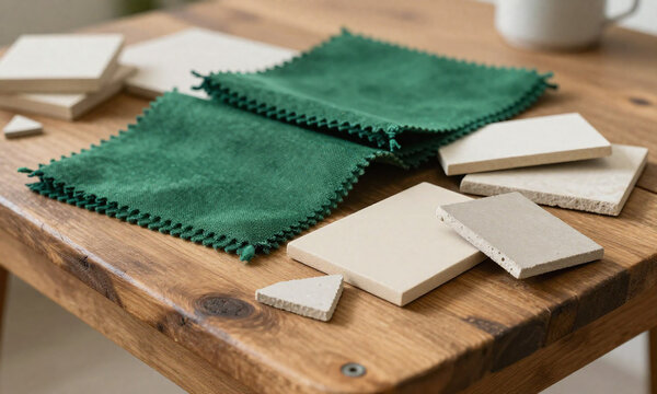 rustic wooden table cluttered assortment vibrant green textile swatches creamy beige paint chips distressed