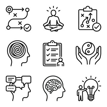 Business strategy and mindset icons collection with yin yang strategy business planning meditation execution