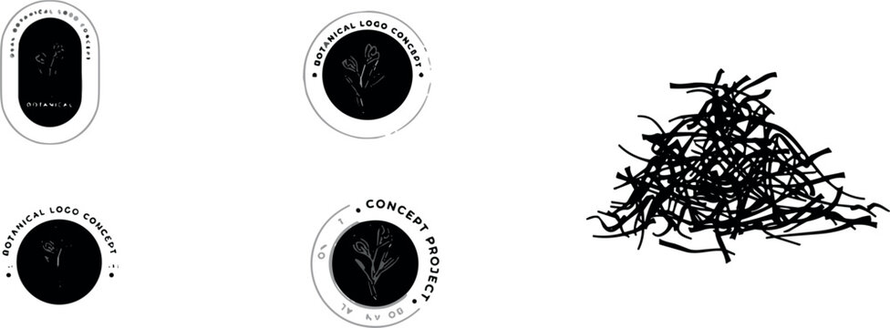 A collection of botanical saffron logo concepts and a black silhouette of dried saffron threads isolated on a solid grey background.