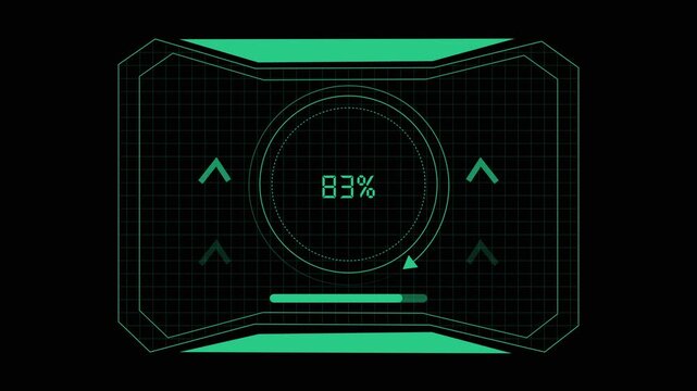 Futuristic green sci-fi HUD loading screen. Futuristic green HUD for data processing progress. Futuristic green HUD animation for system startup.
