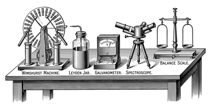 Physics science instrument set with spectroscope galvanometer scale