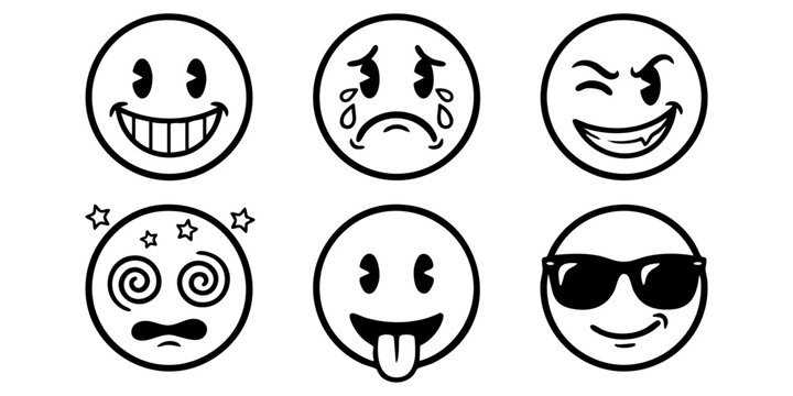 A set of six emoticon faces expressing happiness, sadness, anger, excitement, silliness, and coolness.