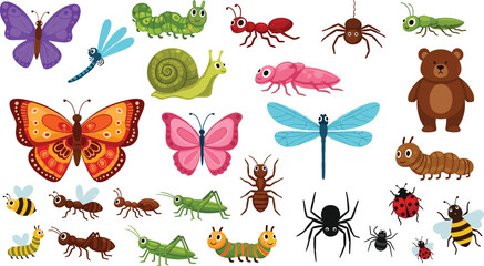 Cute insect and animal cartoon collection featuring butterflies ants spiders bees caterpillars and forest wildlife characters © It's Marja