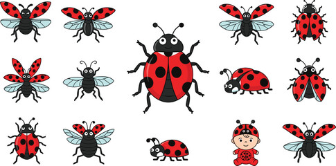 Cute cartoon ladybug character collection with flying insects and red spotted beetle vector illustration set © It's Marja