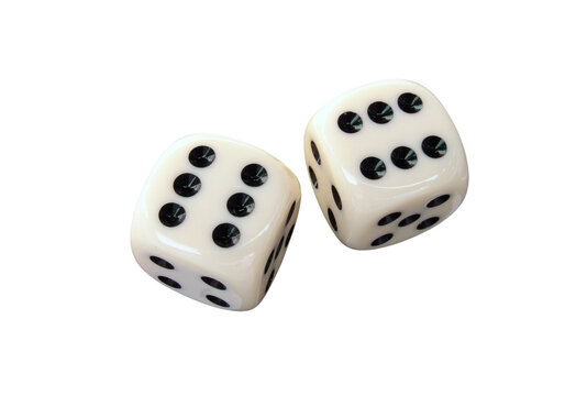 Two white casino dice showing four and five, gambling game isolated on transparent background PNG