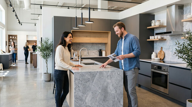 Couple in kitchen showroom