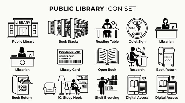 Public Library Icons Set Pictograms of Reading Books Studying and Returning