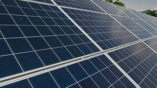 Camera zooming out from close up view of blue solar panels rows in green field under blue sky for renewable energy production.