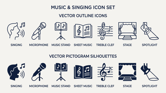 Singing and Music Icon Set Outline and Silhouette Vector Illustration