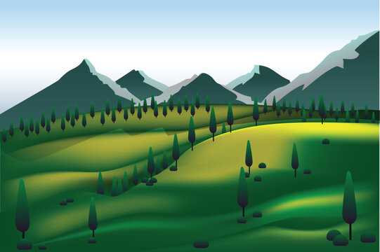 3D Cartoon Landscape with Green Hills, Pine Trees and Rocky Mountains