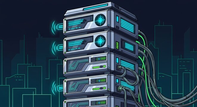 Illustration of server rack in cityline