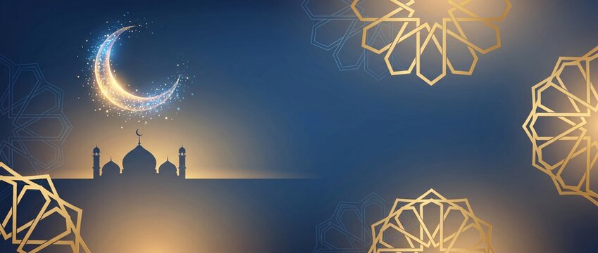 Luxury blue islamic eid al adha background with glowing crescent and mosque silhouette