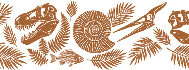 Stylized Prehistoric Vector Composition Featuring Dinosaur Skulls, Ammonite, Fish Fossils, Pterosaur, and Palm Leaves in Silhouette Style © MDShakhawat