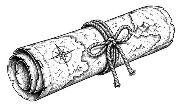 Vintage map scroll tied with rope bow engraving style