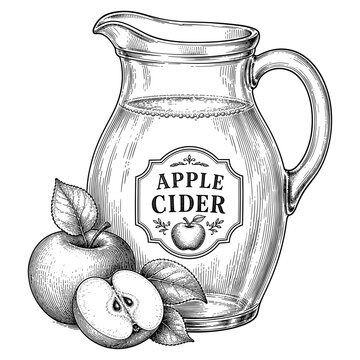 Apple cider glass jug with fresh fruit engraving style