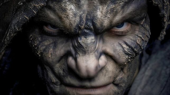 Shaitan from Quranic lore, featuring cracked textured skin, piercing blue eyes, and a dark hood, sinister dark fantasy and mythology concept.