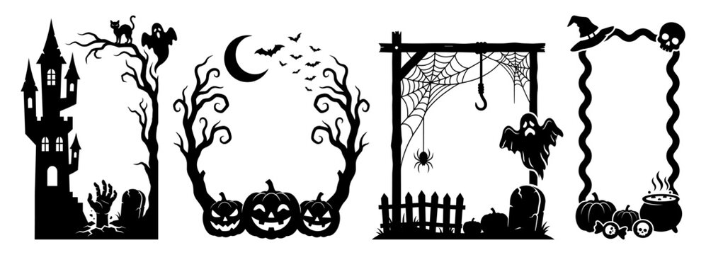 Halloween silhouette frame set with pumpkin ghost witch castle border