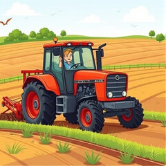 Fototapeta premium tractor in field farmer cartoon working 