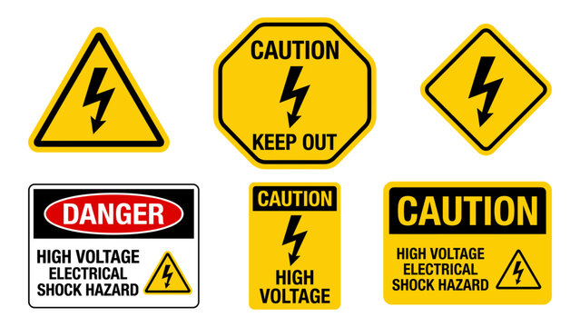 High voltage caution sign set with electrical shock hazard danger