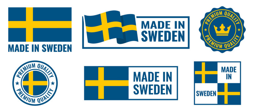 Made in Sweden label set with Swedish flag country of origin