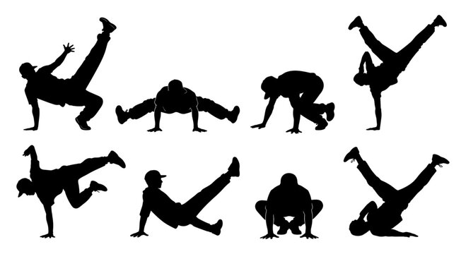 Breakdancer black silhouette collection with dynamic bboy dance pose