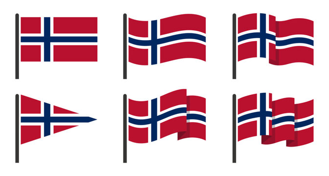 Norway flag set with waving and pennant Norwegian flagpole