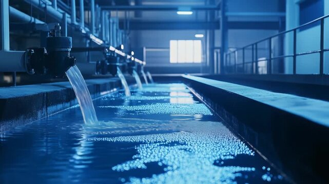 Industrial water purification system channeling filtered liquid from multiple pipes into a large basin, showcasing modern filtration technology for sustainable processed water and sanitation