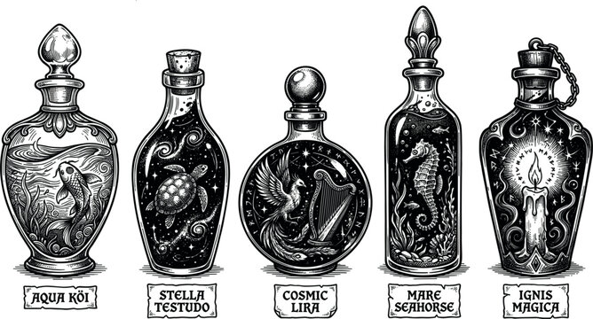 Hand-Drawn Magical Potion Bottle Vector Set Featuring Aqua Koi, Stella Testudo, Cosmic Lira, Mare Seahorse, and Ignis Magica with Decorative Illustrations