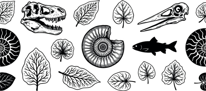 Hand-Drawn Prehistoric and Botanical Vector Pattern Featuring Dinosaur Skulls, Ammonite, Fish Fossils, Pterosaur, and Leaves for Natural History and Decorative Designs