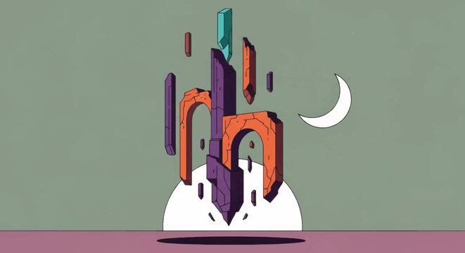 Abstract geometric shapes floating on minimal background with moon  
