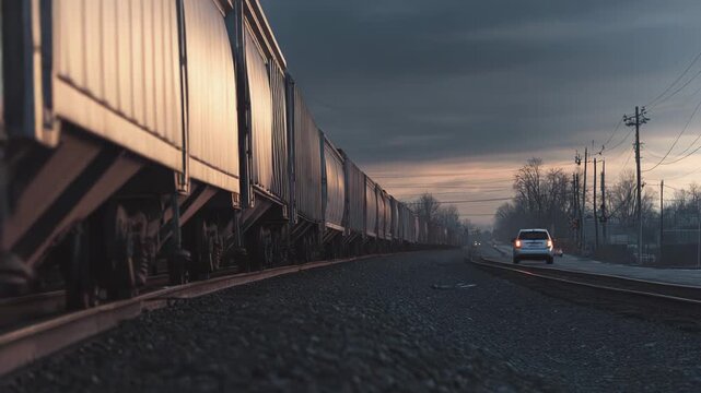 Freight train wagons traveling on a curving railway track under a cloudy twilight sky, reflecting warm light from the setting sun, symbolizing industrial transport and cargo logistics