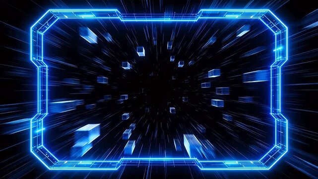 Futuristic octagon frame with holographic cubes floating in dark space