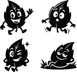 Fototapeta premium Funny cartoon leaf character silhouette set featuring four unique expressive mascot designs for creative projects.