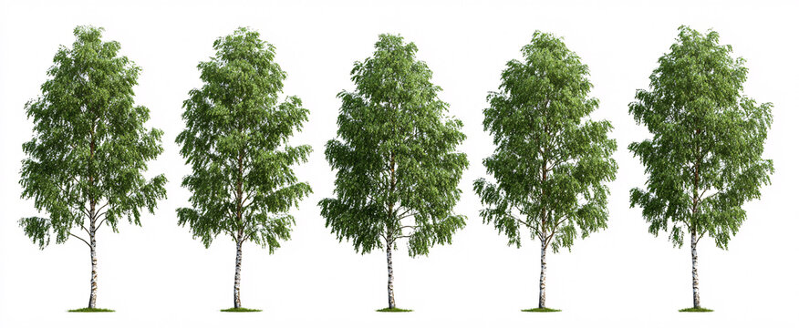 Embrace the elegance of Betula pendula roadside trees standing out against a pure white backdrop.