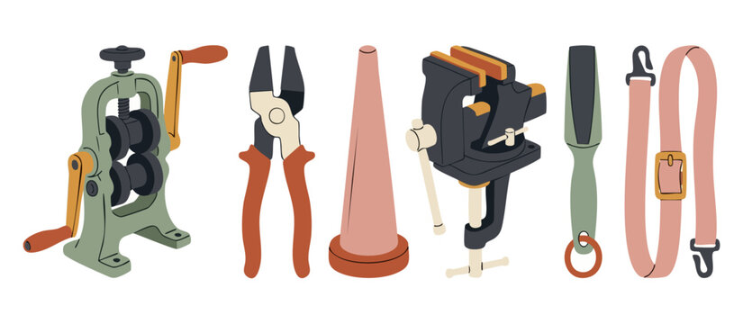 Jewelry Making Tools Set: Rolling Mill, Pliers, Mandrel, Vise, and Leather Strap for Craftsmanship and Metalworking Projects, Vector Style Illustration for Professional Bench Work and Hobbyist Studios