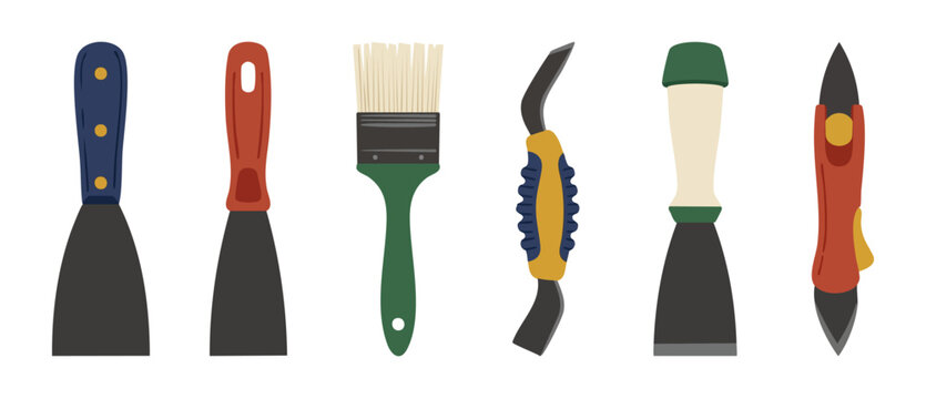 Paint scraper and putty knife set for wall repair and renovation projects, isolated professional hand tool collection for construction, maintenance, plastering, and home improvement DIY work tasks