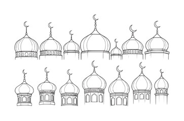 Collection of Islamic mosque domes with crescent moons sketched in grey © Mahin