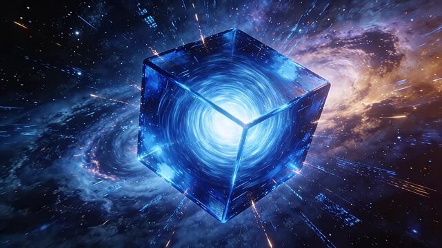 Transparent blue cube with glowing vortex core floating in starry deep space