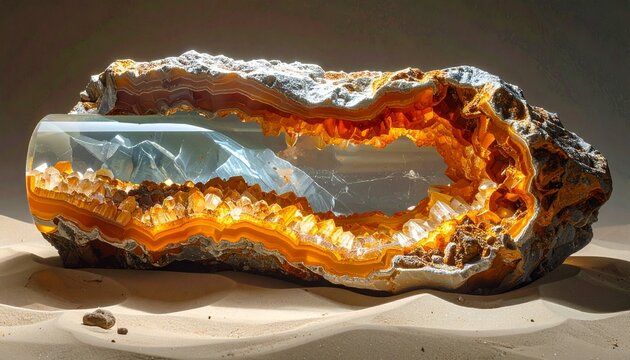 Polished opal stone with vibrant fire colors on neutral surface