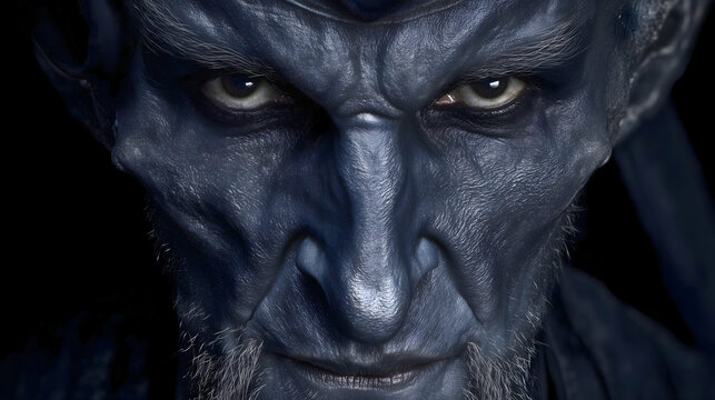 Shadow Jinn with highly textured blue-grey skin and piercing eyes, mythological supernatural entity concept.