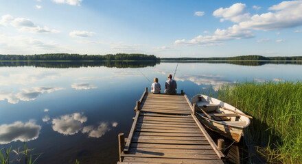 Fototapeta premium Father and son fishing on a wooden pier at calm lake