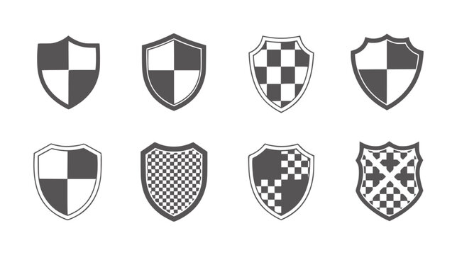 Eight shield emblems with checkerboard and quartered patterns crest badge symbol