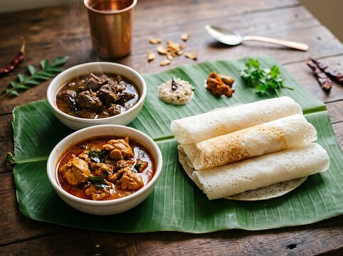 Delicious South Indian Kerala style meal with rice crepes and two types of meat curries served on banana leaf