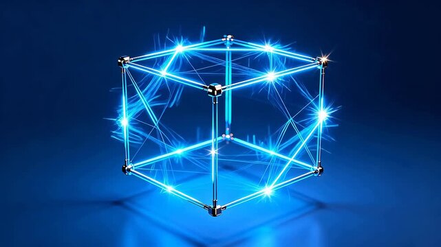 Glowing blue wireframe cube structure with metal nodes and floating light particles