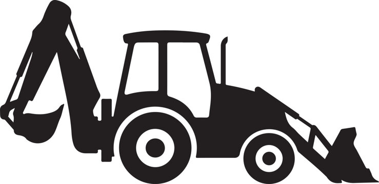Black silhouette tractor, backhoe loader icon, construction vehicle, heavy equipment