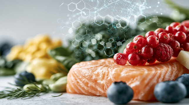 Advanced longevity diet with salmon berries greens and digital health data showcasing wellness technology and future nutrition concept